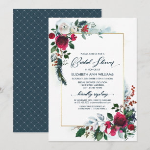 Dusty Blue Burgundy Bloom Geometric Bridal Shower Invitation