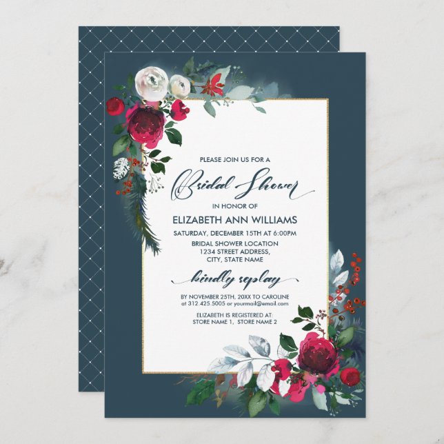 Dusty Blue Burgundy Bloom Geometric Bridal Shower Invitation (Front/Back)