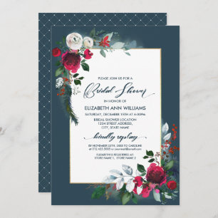 Dusty Blue Burgundy Bloom Geometric Bridal Shower Invitation