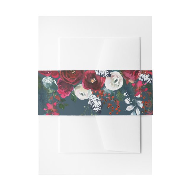 Dusty Blue | Burgundy Bloom Wedding Invitation Belly Band (Front Example)