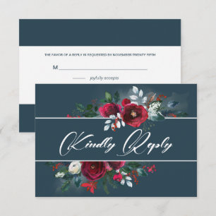 Dusty Blue Burgundy Bloom Wedding RSVP Card