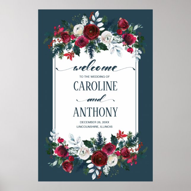 Dusty Blue Burgundy Bloom Wedding Welcome Sign (Front)