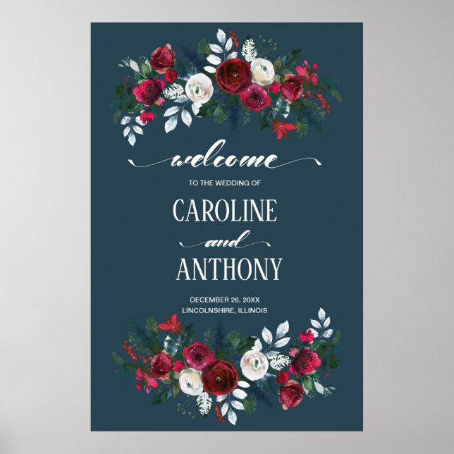 Dusty Blue | Burgundy Bloom Wedding Welcome Sign (Front)