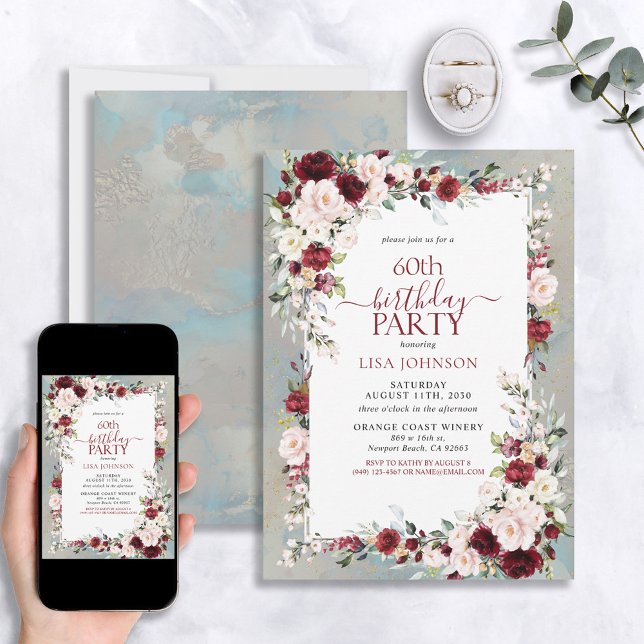 Dusty Blue Burgundy Blush Floral 60th Birthday Invitation (Creator Uploaded)