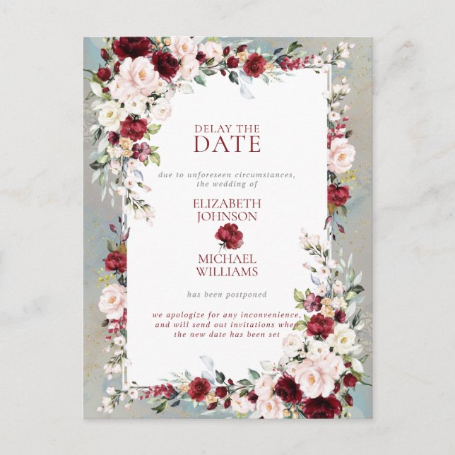 Dusty Blue Burgundy Blush Floral Delay The Date Postcard (Front)