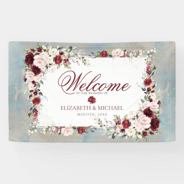 Dusty Blue Burgundy Blush Floral Elegant Wedding Banner (Horizontal)