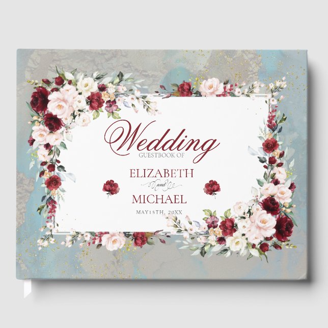 Dusty Blue Burgundy Blush Floral Elegant Wedding Guest Book (Front)