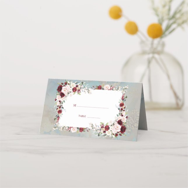 Dusty Blue Burgundy Blush Floral Elegant Wedding Place Card (Front)