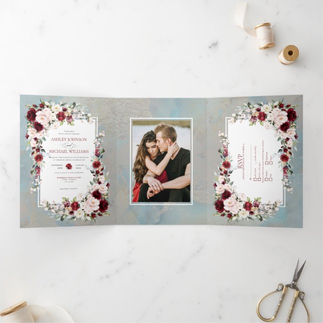 Dusty Blue Burgundy Blush Floral Photo Tri-Fold Invitation (Inside)