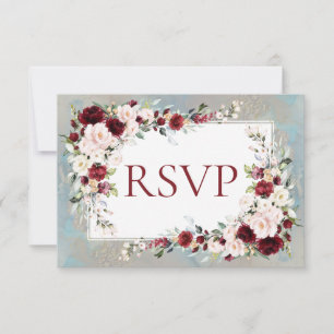 Dusty Blue Burgundy Blush Floral RSVP Card