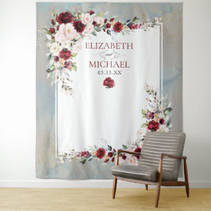 Dusty Blue Burgundy Blush Floral Wedding Backdrop Tapestry