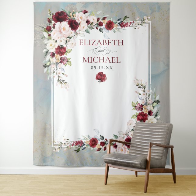 Dusty Blue Burgundy Blush Floral Wedding Backdrop Tapestry (In Situ)