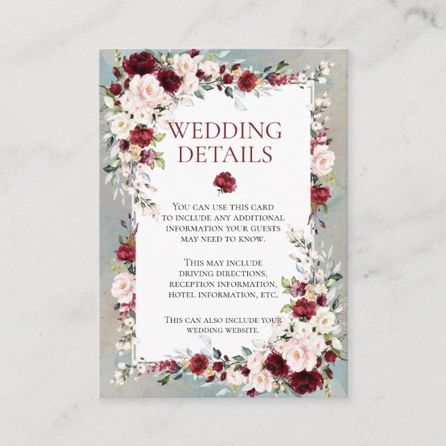 Dusty Blue Burgundy Blush Floral Wedding Details Enclosure Card (Front)