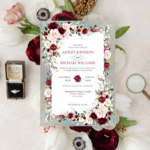 Dusty Blue Burgundy Blush Floral Wedding Invitation