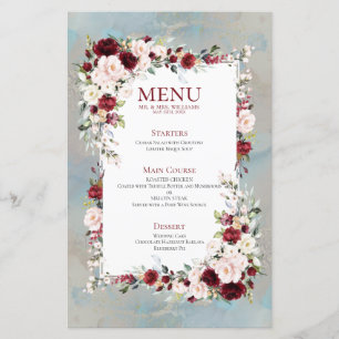 Dusty Blue Burgundy Blush Floral Wedding Menu