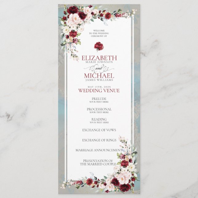 Dusty Blue Burgundy Blush Floral Wedding Program Programme (Front)