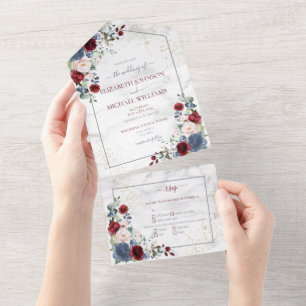 Dusty Blue Burgundy Blush Gold Floral Wedding All In One Invitation