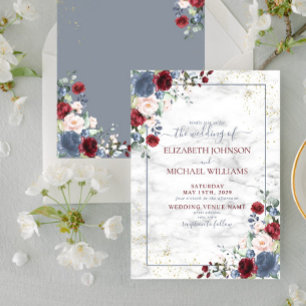 Dusty Blue Burgundy Blush Gold Floral Wedding Invitation