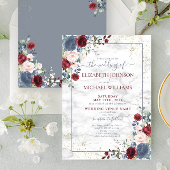 Dusty Blue Burgundy Blush Gold Floral Wedding Invitation (Creator Uploaded)