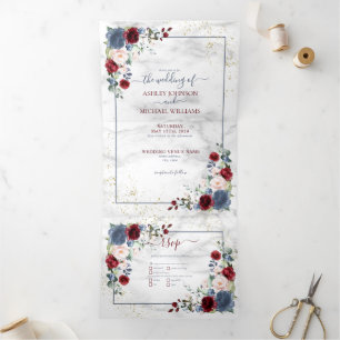 Dusty Blue Burgundy Blush Gold Floral Wedding Tri-Fold Invitation