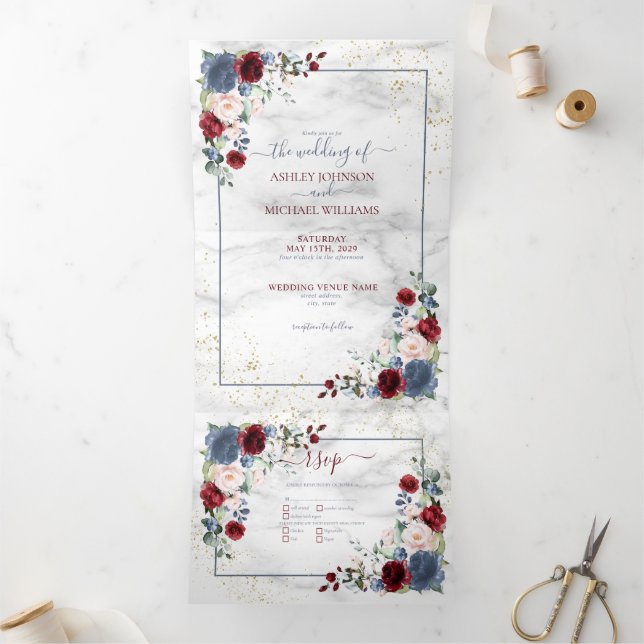 Dusty Blue Burgundy Blush Gold Floral Wedding Tri-Fold Invitation (Inside)