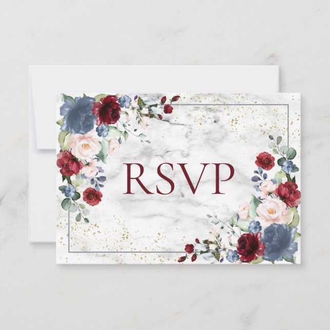 Dusty Blue Burgundy Blush Gold Wedding RSVP Card (Front)