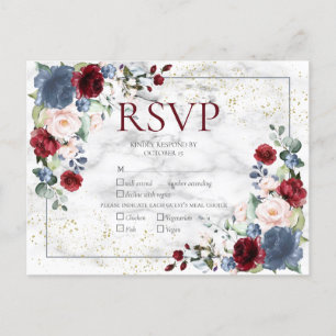 Dusty Blue Burgundy Blush Gold Wedding RSVP Invitation Postcard