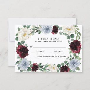 Dusty Blue Burgundy Cranberry Fall Wedding RSVP Card