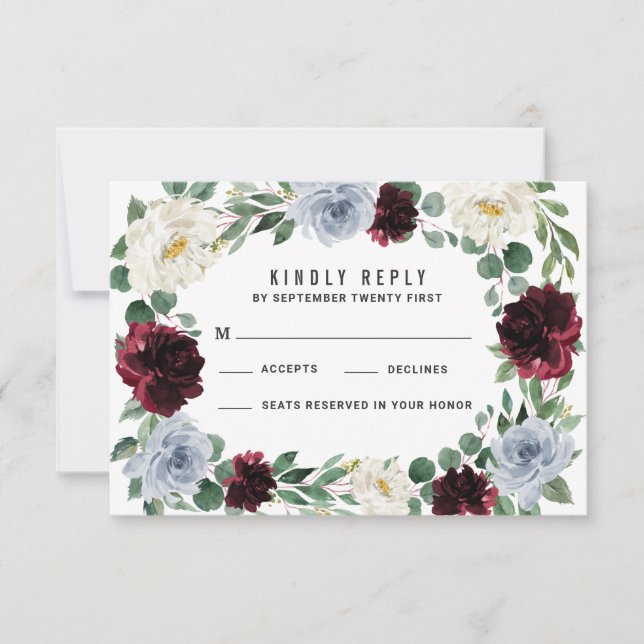 Dusty Blue Burgundy Cranberry Fall Wedding RSVP Card (Front)