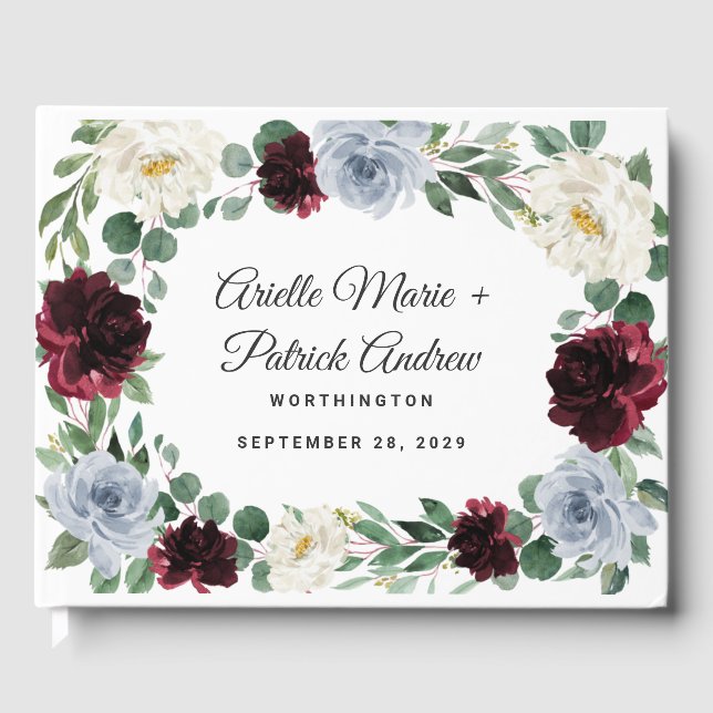 Dusty Blue Burgundy Cranberry Ivory Fall Wedding Guest Book (Front)