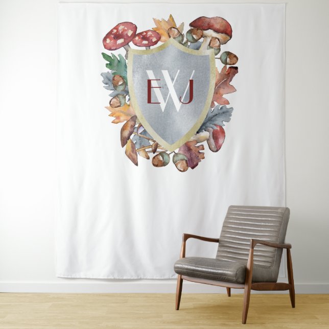 Dusty Blue Burgundy Fall Mushroom Wedding Backdrop Tapestry (In Situ)