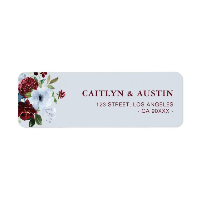 dusty blue burgundy floral address label (Front)