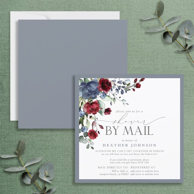 Dusty Blue Burgundy Floral Bridal Shower Mail Invitation (Creator Uploaded)