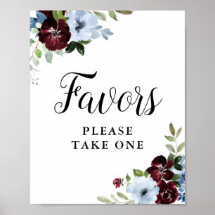 Dusty blue burgundy floral favours sign
