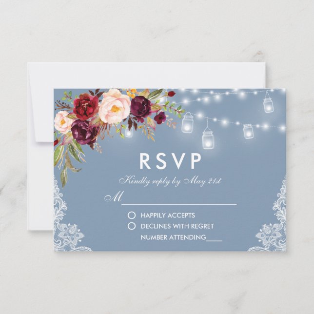 Dusty Blue Burgundy Floral Lace Lights  RSVP Card (Front)