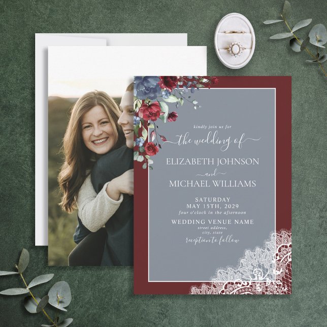 Dusty Blue Burgundy Floral Lace Wood Photo Wedding Invitation (Creator Uploaded)
