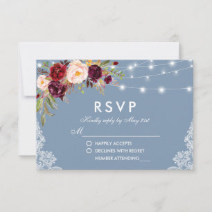 Dusty Blue Burgundy Floral Lights Lace RSVP Card