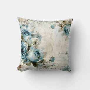 Dusty Blue Burgundy Floral Marble Name Monogram Cushion