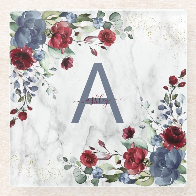 Dusty Blue Burgundy Floral Marble Name Monogram Glass Coaster (Front)