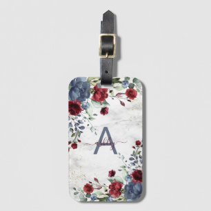 Dusty Blue Burgundy Floral Marble Name Monogram Luggage Tag