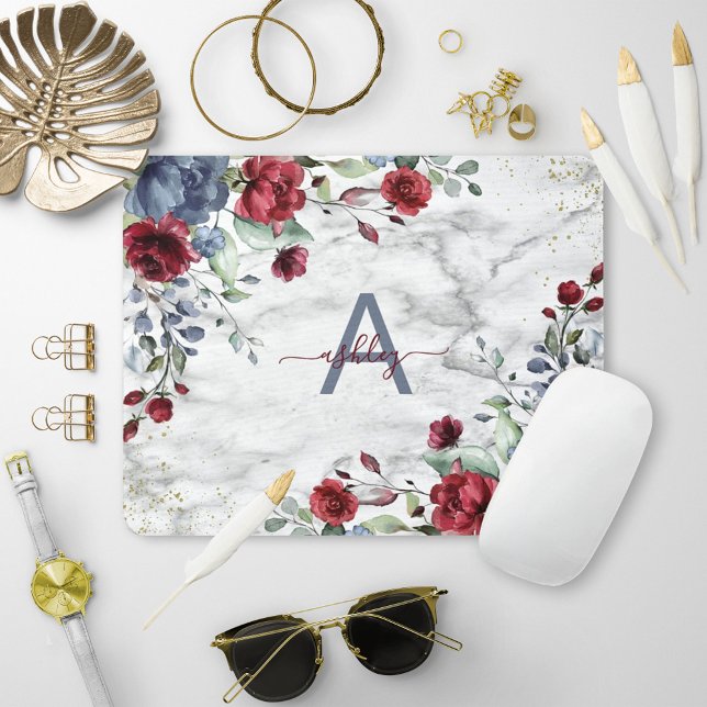Dusty Blue Burgundy Floral Marble Name Monogram Mouse Mat (Creator Uploaded)