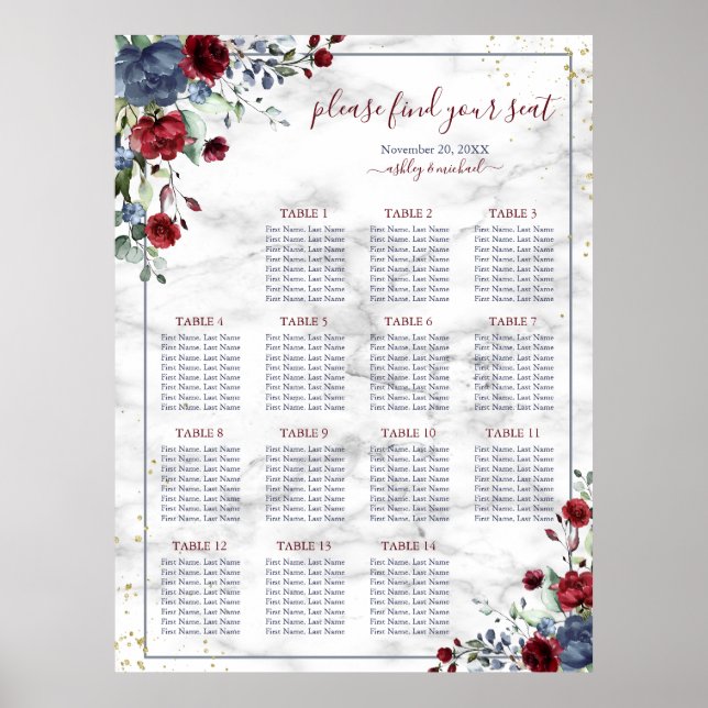 Dusty Blue Burgundy Floral Marble Wedding Seating Poster (Front)