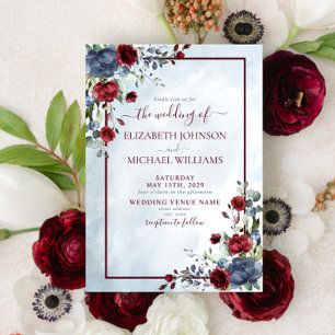 Dusty Blue Burgundy Floral Watercolor Script Invitation