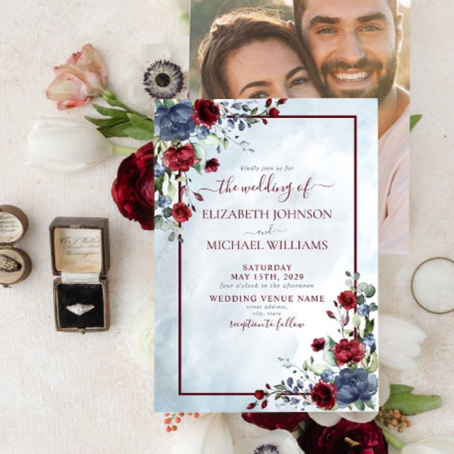 Dusty Blue Burgundy Floral Watercolor Script Photo Invitation (Creator Uploaded)