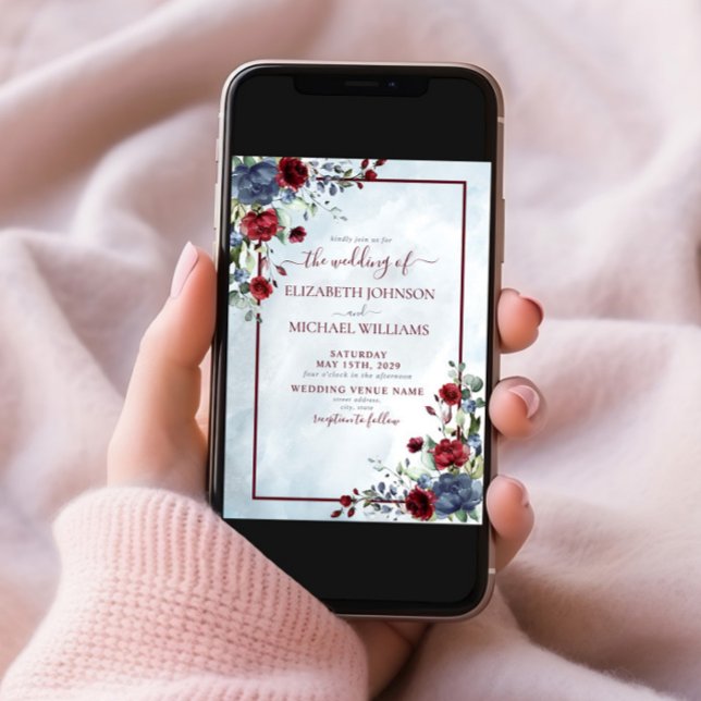 Dusty Blue Burgundy Floral Watercolor Script Photo Invitation (Creator Uploaded)