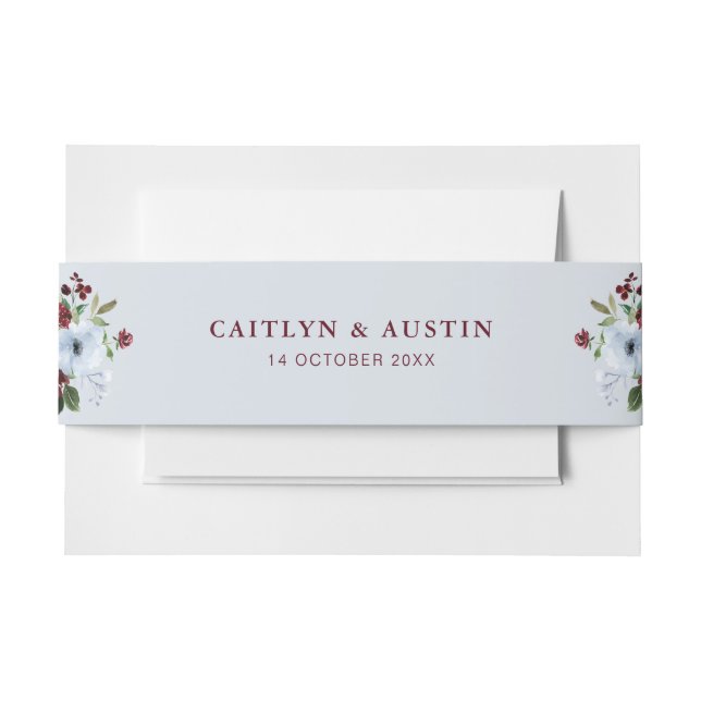 dusty blue burgundy floral wedding belly band invitation belly band (Front Example)