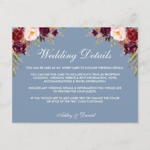 Dusty Blue Burgundy Floral Wedding Details Card