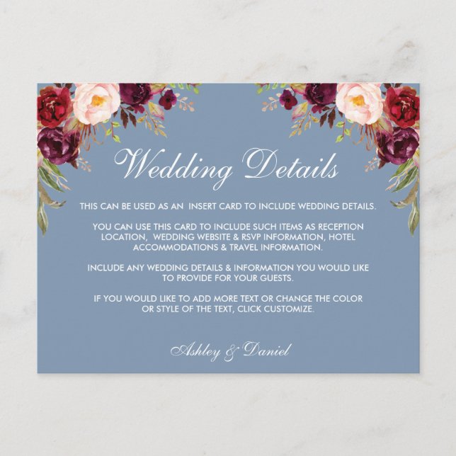 Dusty Blue Burgundy Floral Wedding Details Card (Front)