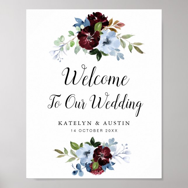 Dusty blue burgundy floral welcome wedding sign (Front)