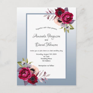 Dusty blue burgundy florals wedding invitation postcard